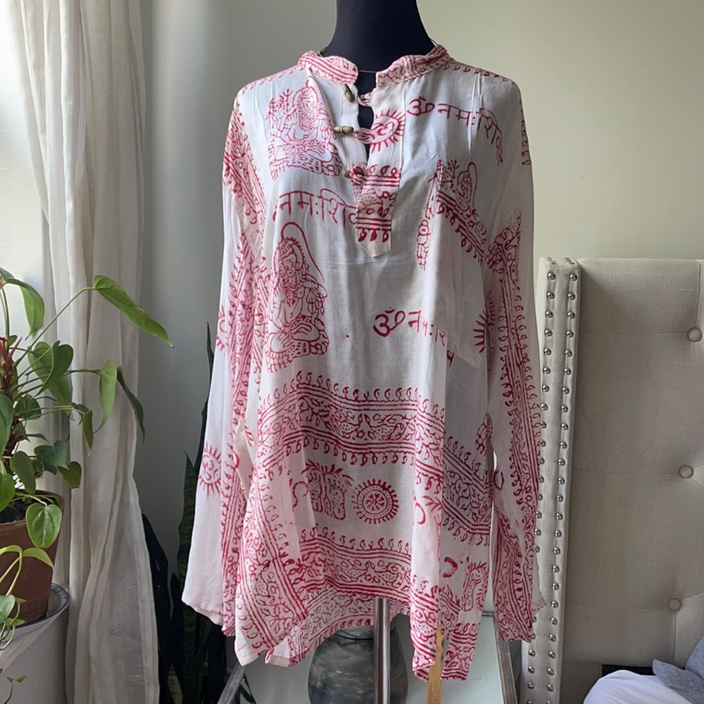 Boho Hippie Om Hare Rama Yoga Top Collarless Cotton Kurta WHITE Shirt Ne…